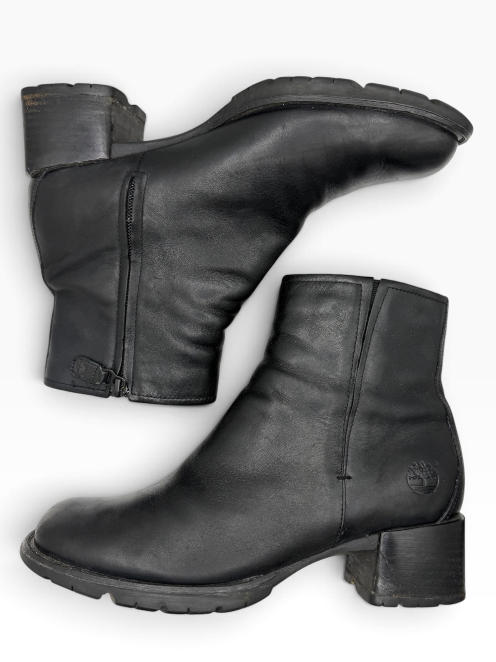 Timberland Black Leather Ankle Booties with Block Heel - Size 8